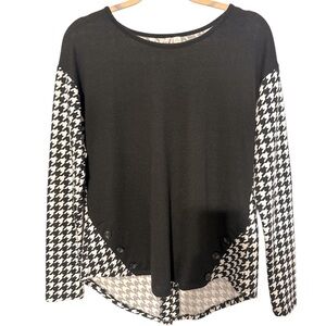 Small Hounds Tooth Mixed High Low Top with Faux Leather Elbow Patches